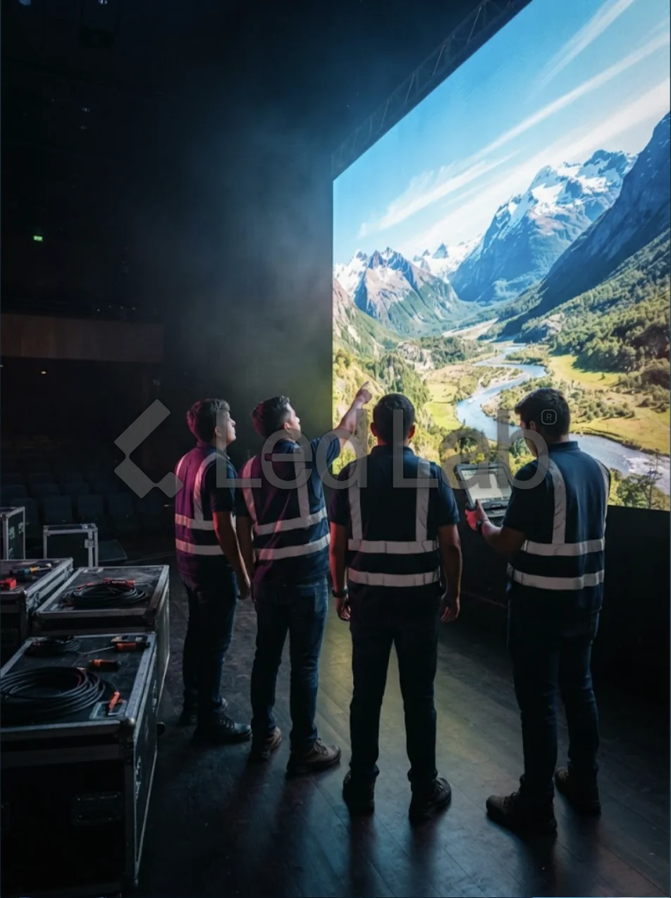 Equipo de LED Lab frente a una pantalla LED recién instalada