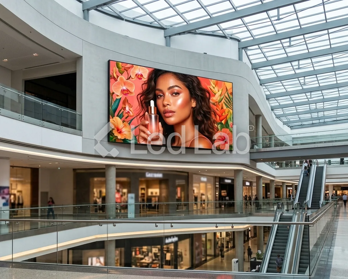Pantalla LED en el atrio de un centro comercial