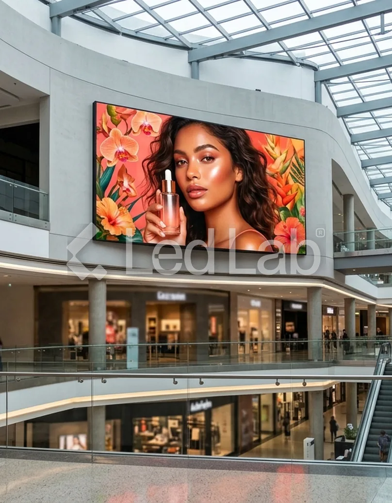 Pantalla LED en el atrio de un centro comercial