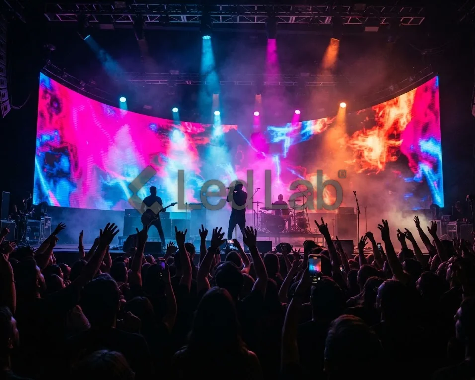 Pantalla LED curva en el escenario de un concierto