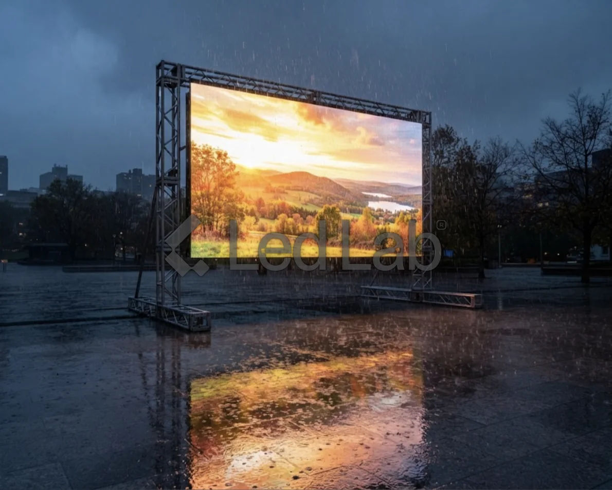 Plaza: Pantalla funcionando bajo la lluvia