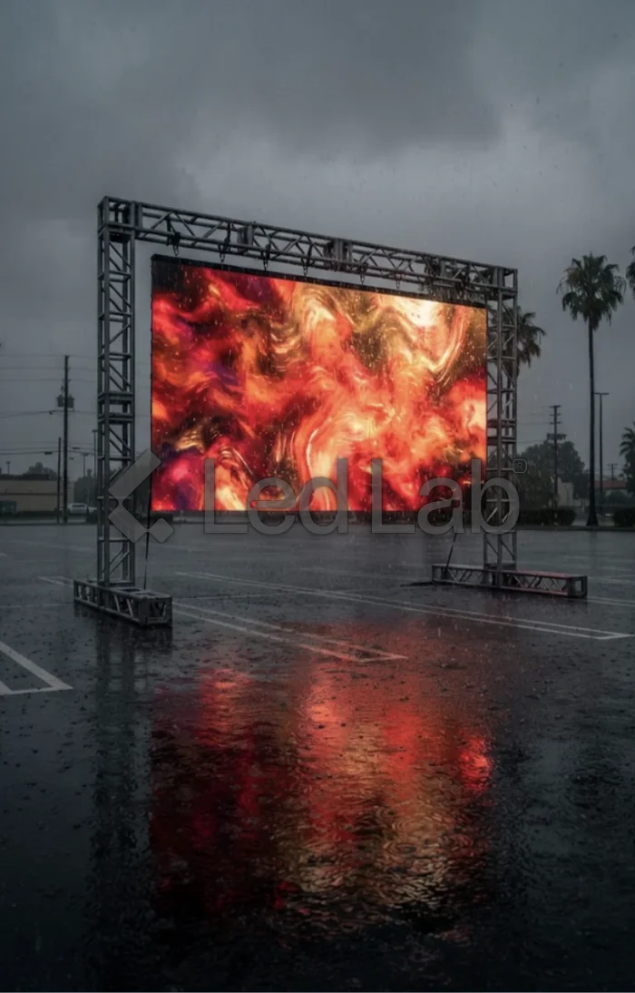 Pantalla LED exterior funcionando bajo la lluvia