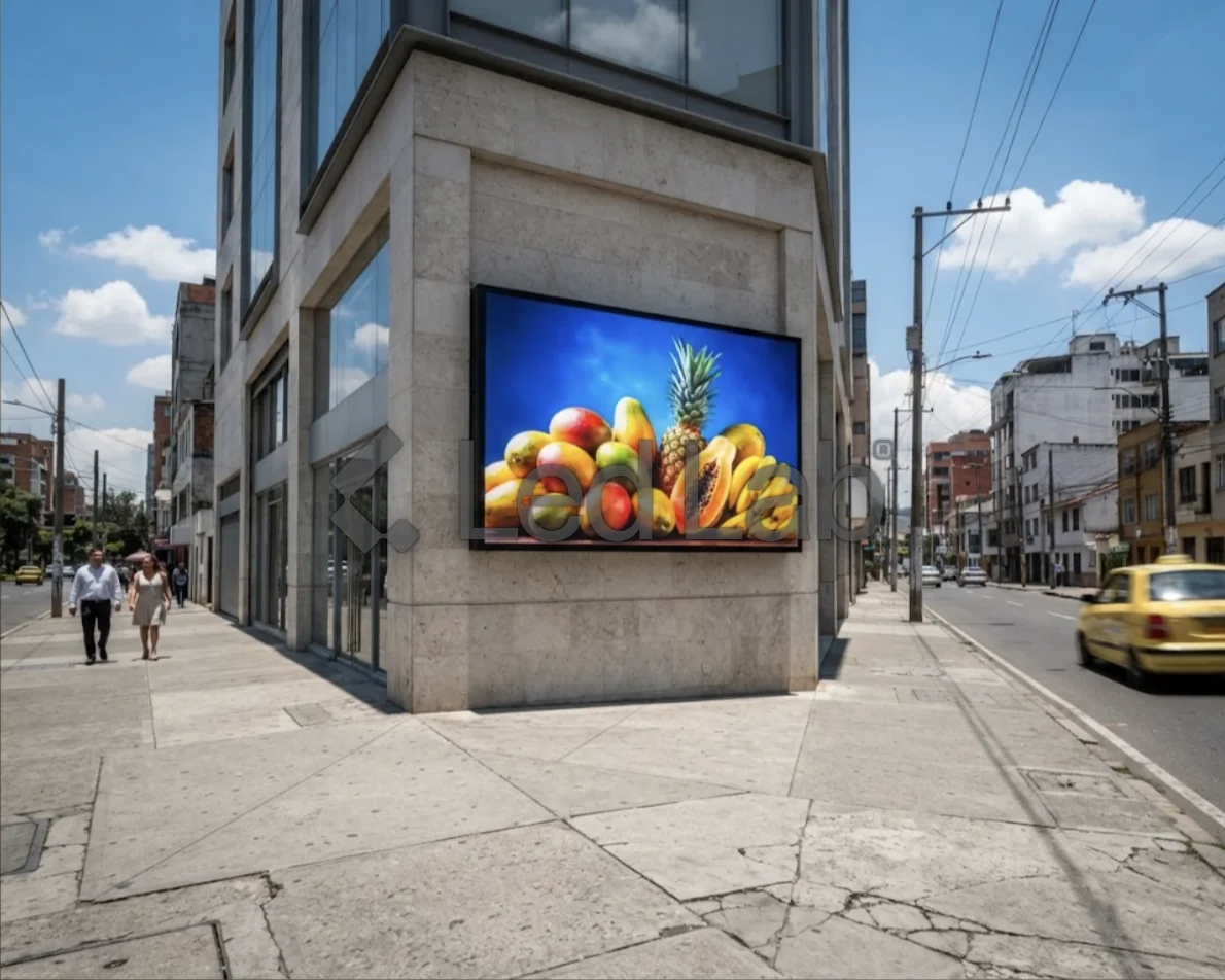 Pantalla LED outdoor en la fachada de un comercio a plena luz del día