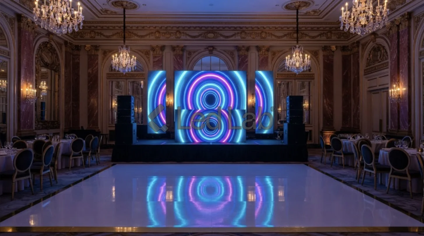 Escenario con tres pantallas LED en un salón de eventos