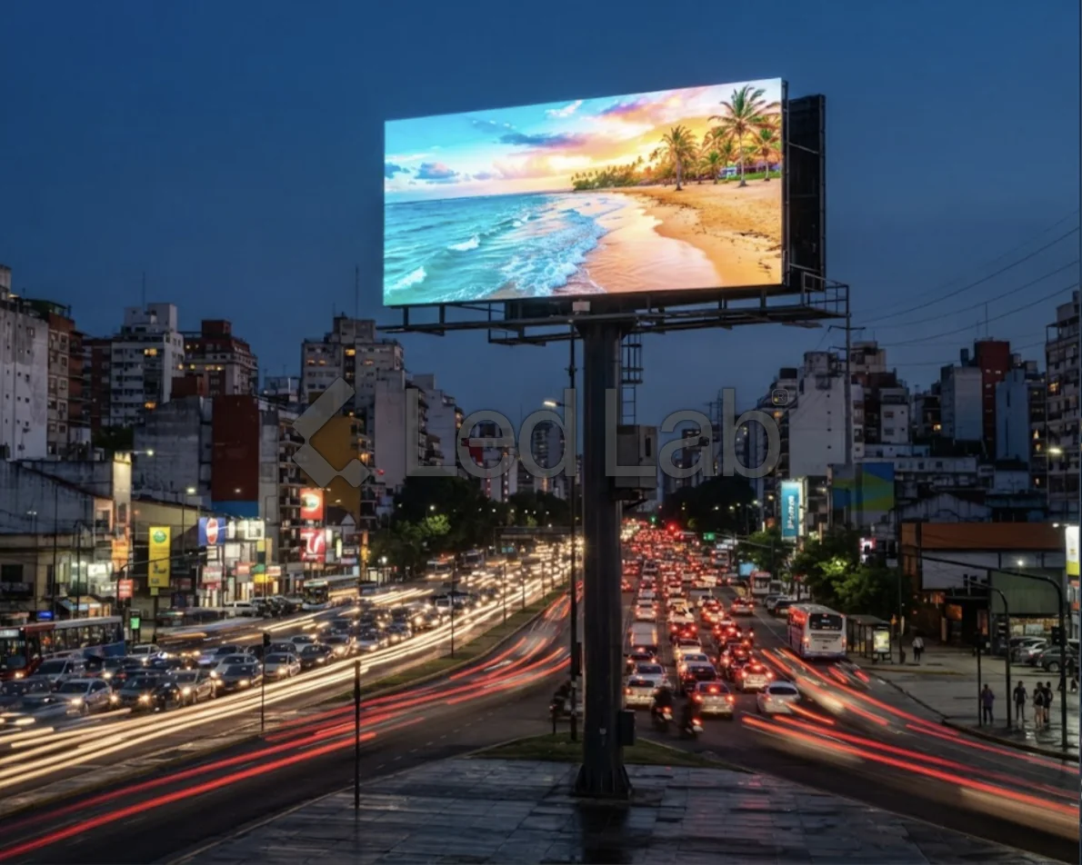 Valla publicitaria LED en una avenida de noche