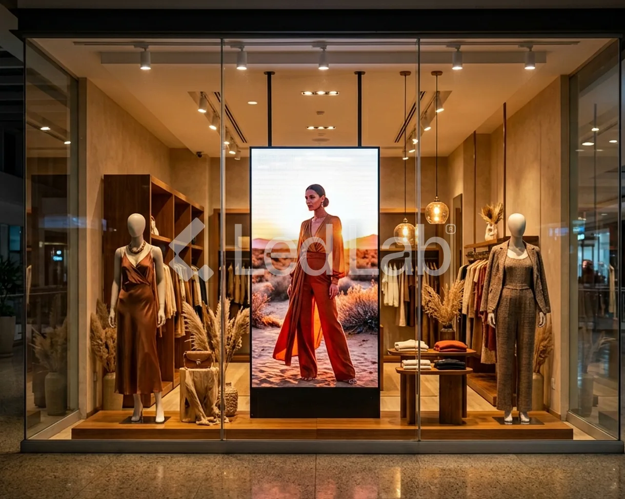 Pantalla LED vertical en la vitrina de una tienda de ropa