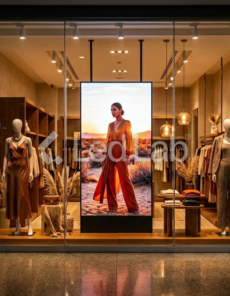 Pantalla LED vertical en la vitrina de una tienda de ropa
